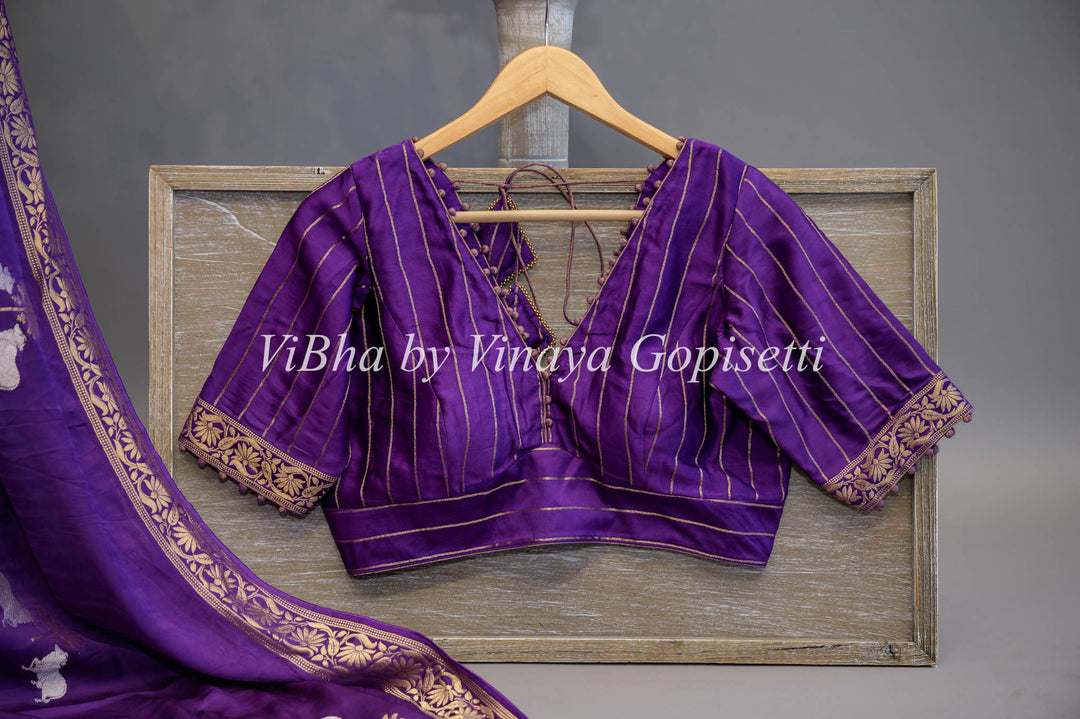 Purple Banarasi Silk Saree And Blouse With Pichwai Motifs