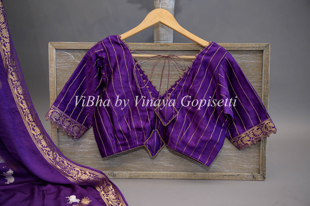 Purple Banarasi Silk Saree And Blouse With Pichwai Motifs