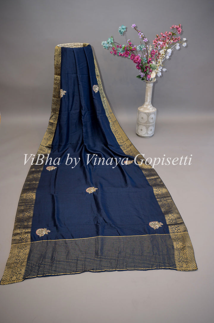 Navy Blue And Pink Dola Silk Embroided Saree And Blouse