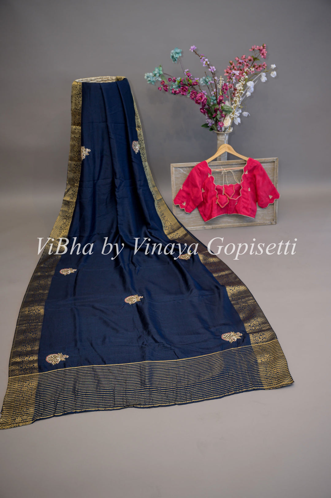 Navy Blue And Pink Dola Silk Embroided Saree And Blouse