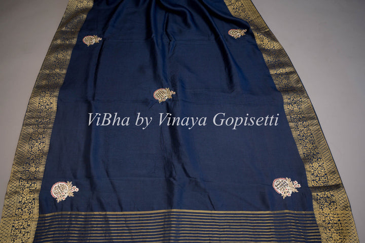 Navy Blue And Pink Dola Silk Embroided Saree And Blouse