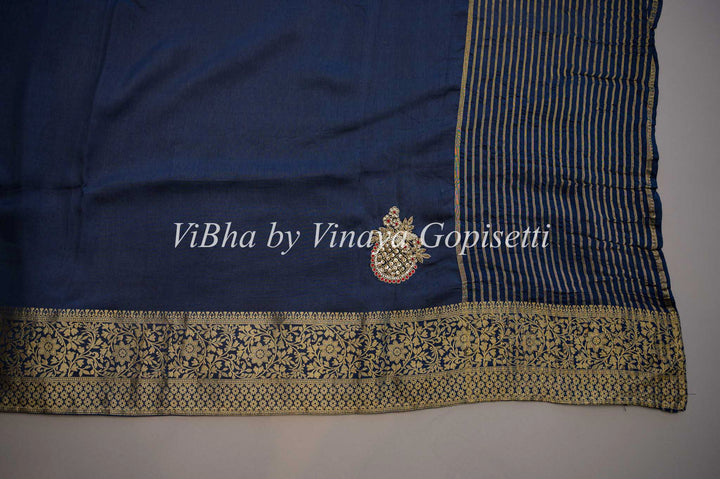 Navy Blue And Pink Dola Silk Embroided Saree And Blouse