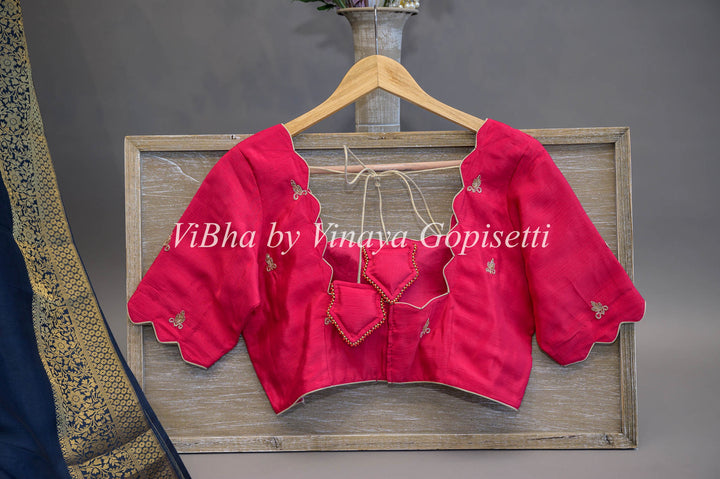 Navy Blue And Pink Dola Silk Embroided Saree And Blouse