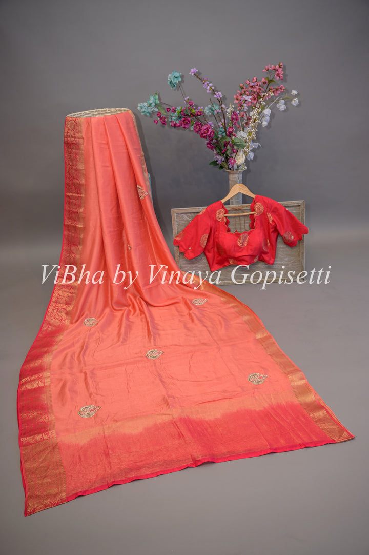 Dark Peach & Coral Dola Silk Embroided Blouse