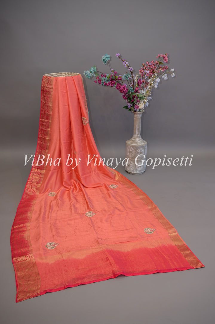 Dark Peach & Coral Dola Silk Embroided Blouse