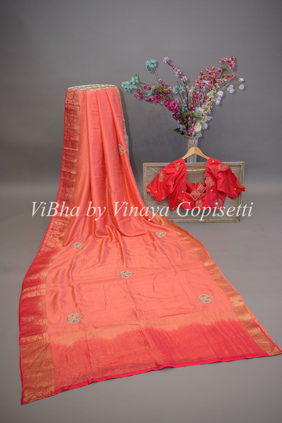 Dark Peach & Coral Dola Silk Embroided Blouse