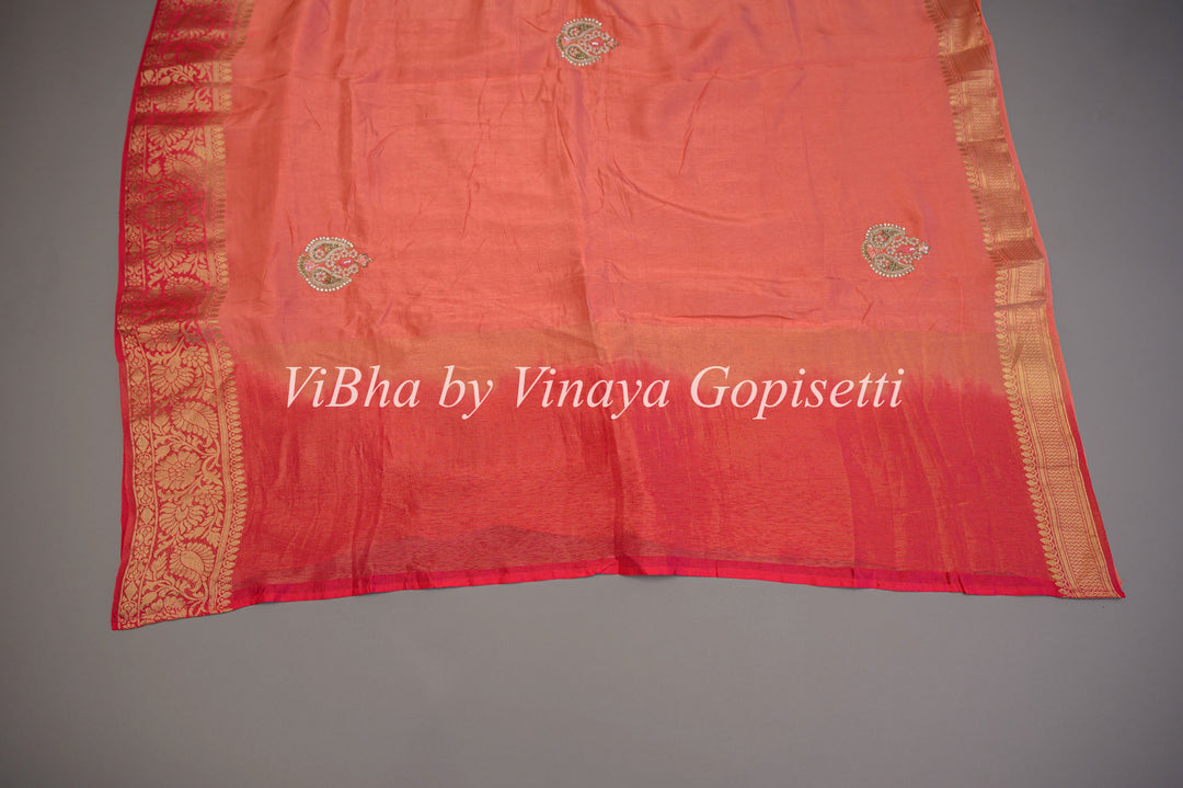 Dark Peach & Coral Dola Silk Embroided Blouse