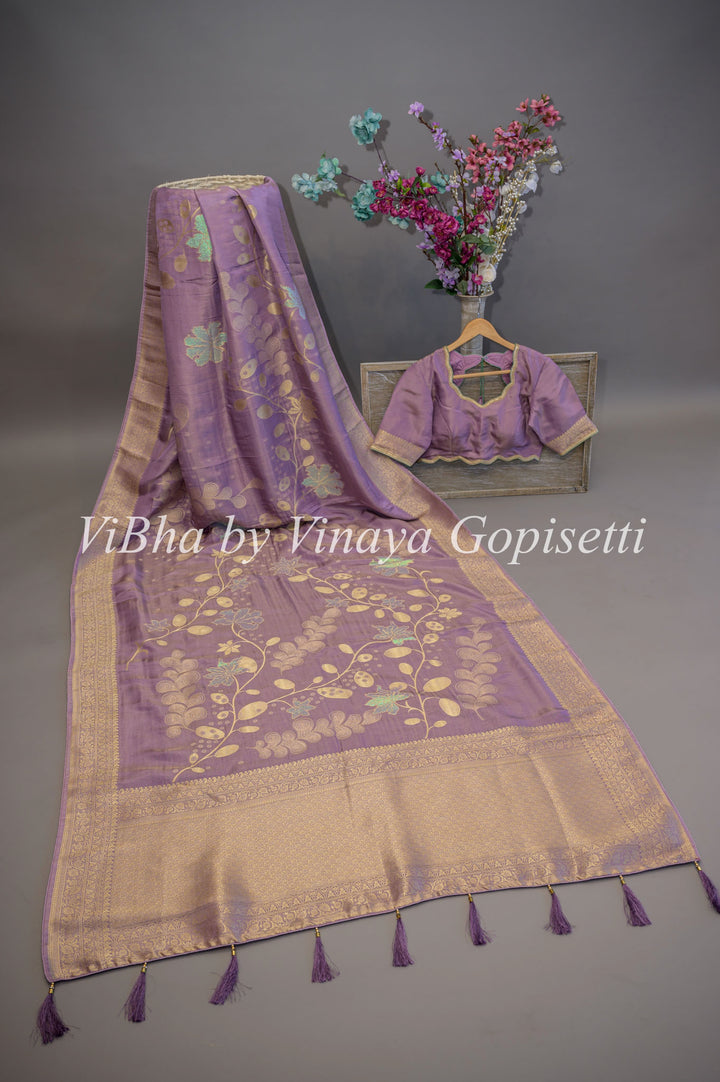 Lavender Tissue Banarasi Kora Saree and Blouse