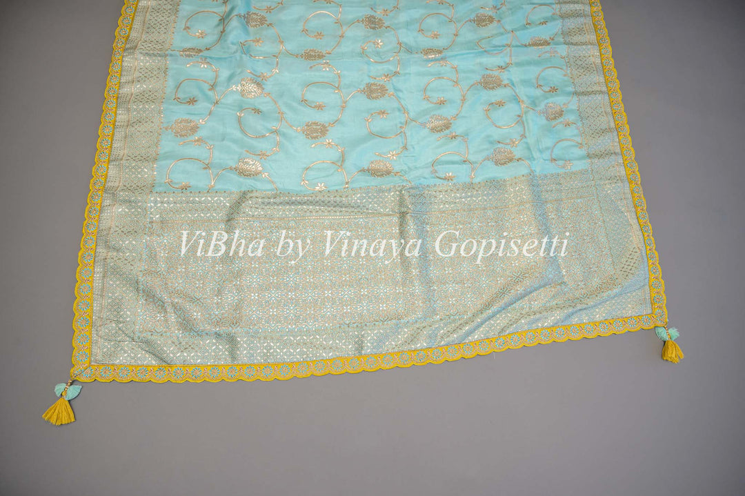 Pastel Blue And Green Banarasi SIlk Embroidered Saree and Blouse