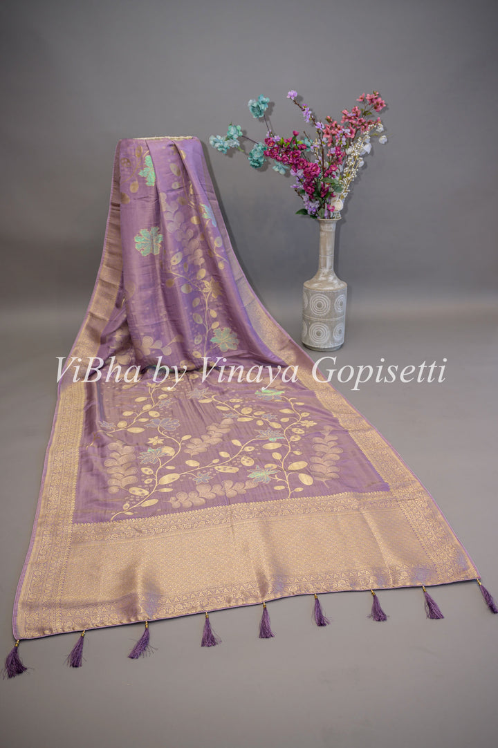 Lavender Tissue Banarasi Kora Saree and Blouse