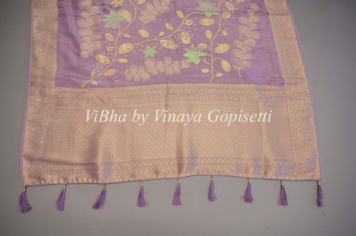 Lavender Tissue Banarasi Kora Saree and Blouse