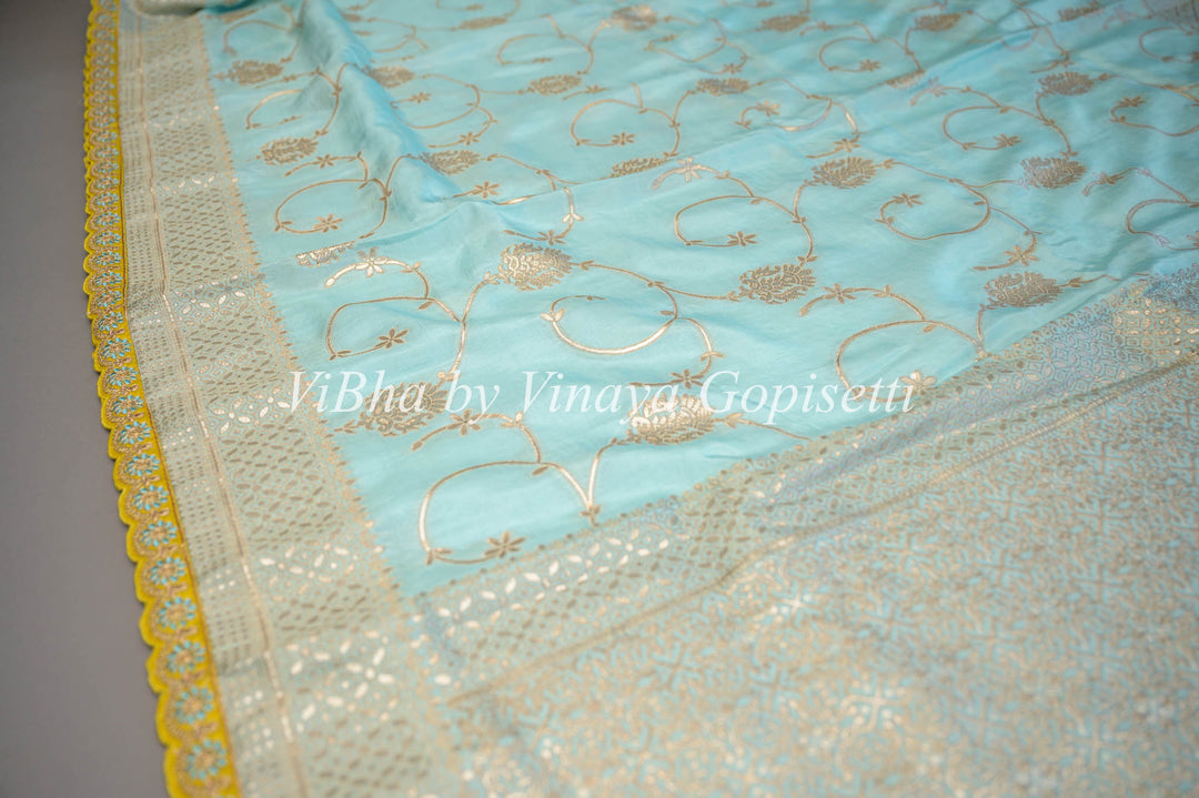 Pastel Blue And Green Banarasi SIlk Embroidered Saree and Blouse