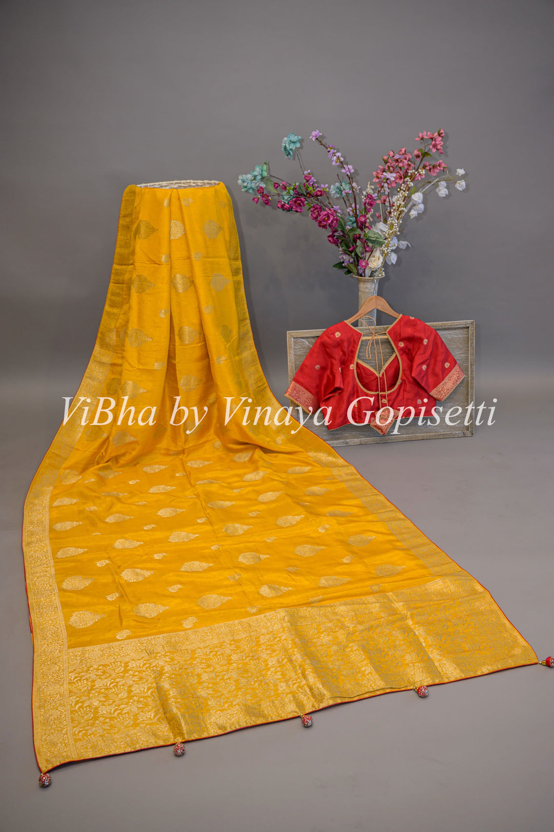 Yellow and Red Banarasi Silk Saree And Blouse