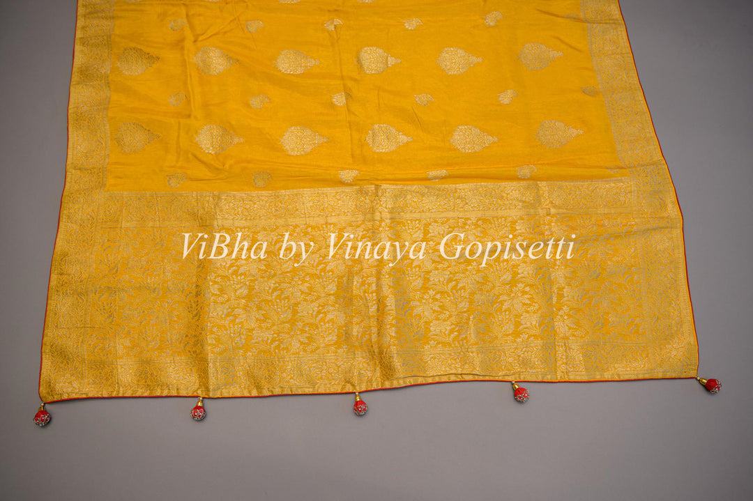 Yellow and Red Banarasi Silk Saree And Blouse