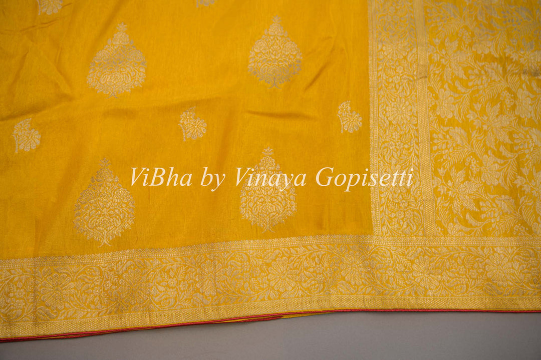 Yellow and Red Banarasi Silk Saree And Blouse