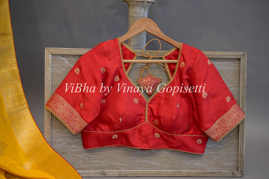 Yellow and Red Banarasi Silk Saree And Blouse