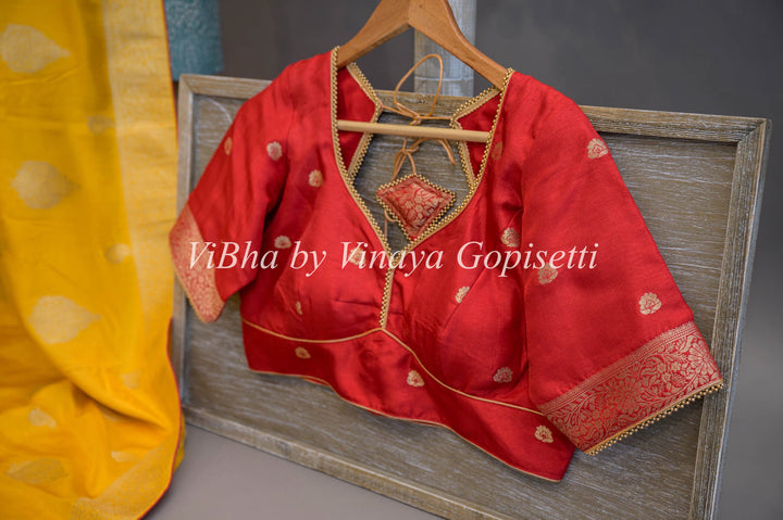 Yellow and Red Banarasi Silk Saree And Blouse