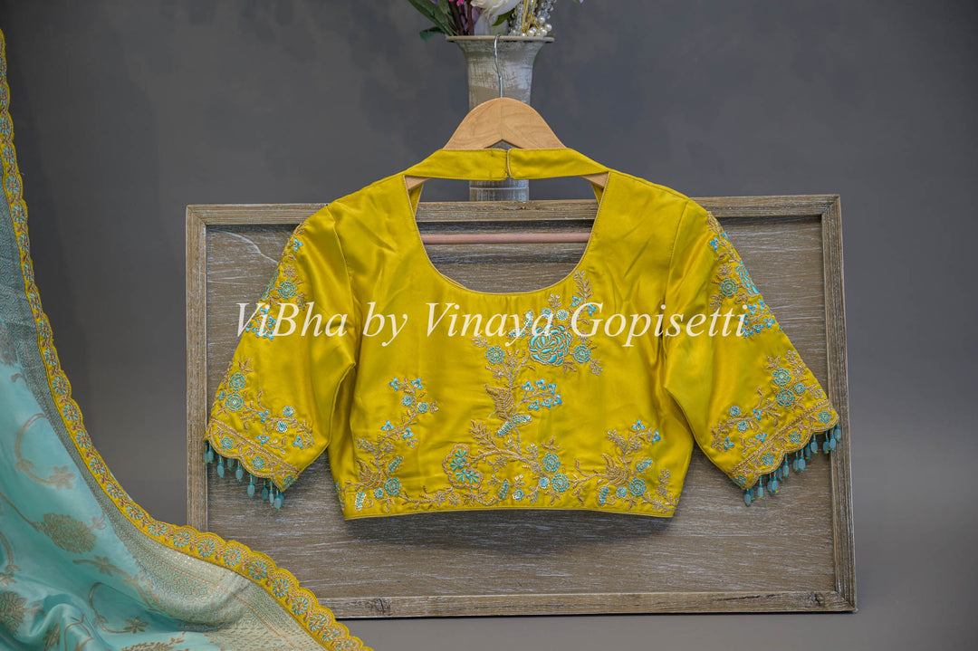 Pastel Blue And Green Banarasi SIlk Embroidered Saree and Blouse