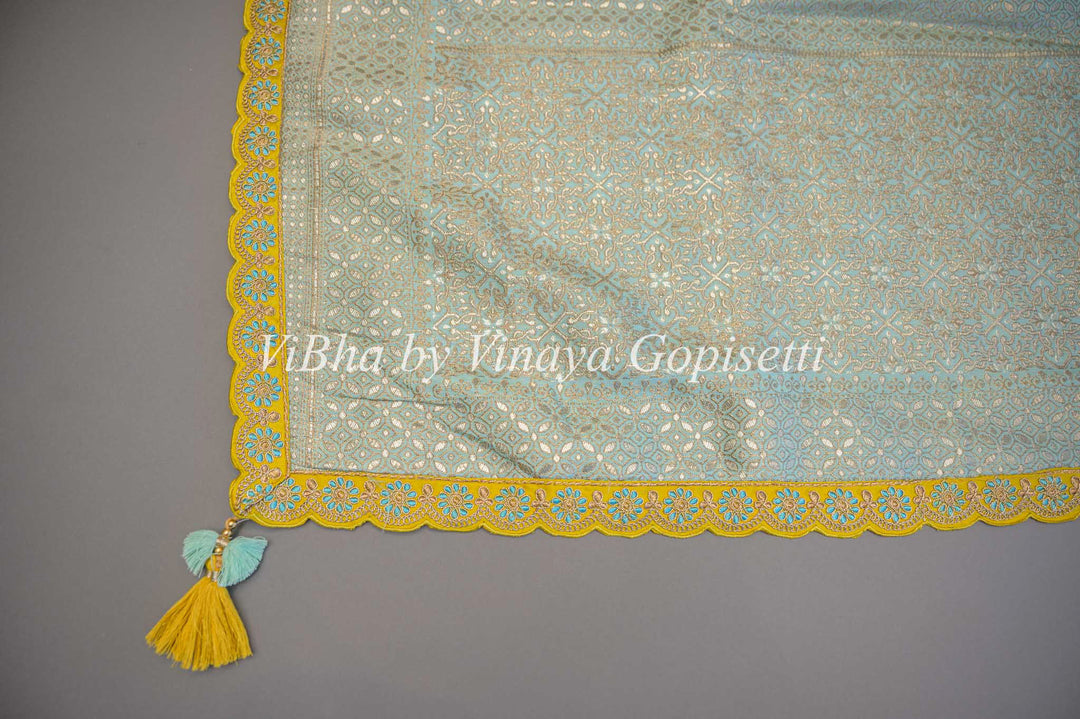 Pastel Blue And Green Banarasi SIlk Embroidered Saree and Blouse