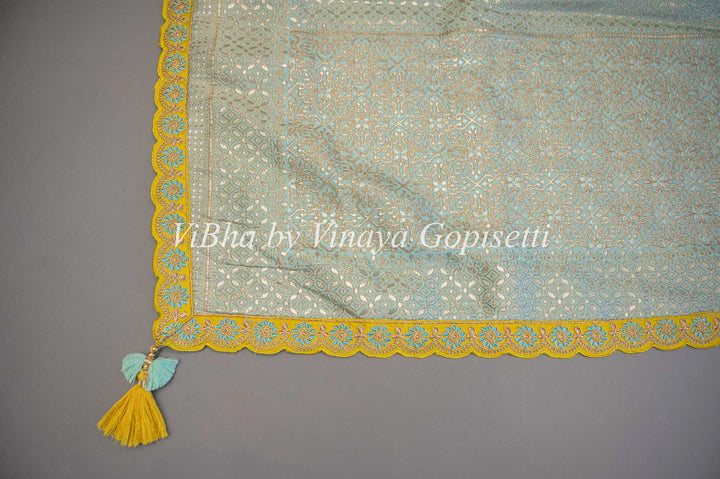 Pastel Blue And Green Banarasi SIlk Embroidered Saree and Blouse