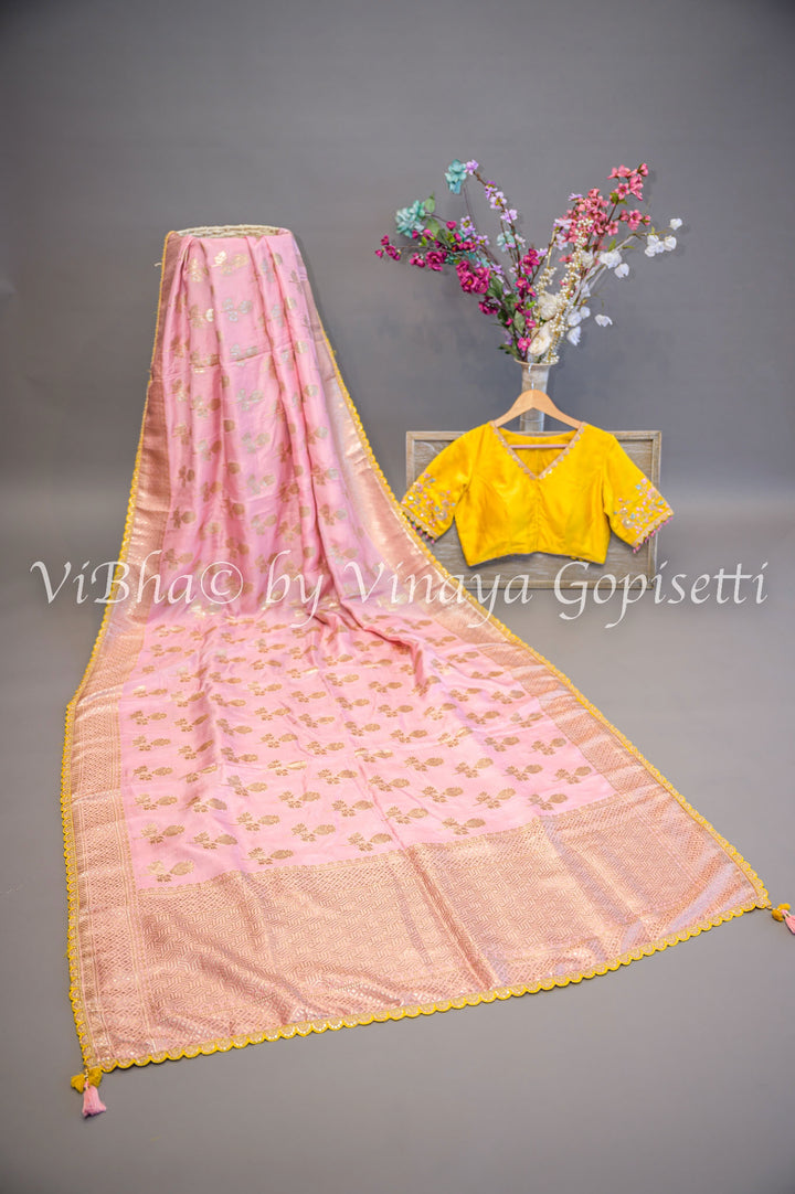 Pastel Pink And Yellow Banarasi Silk Embroidered Saree and Blouse