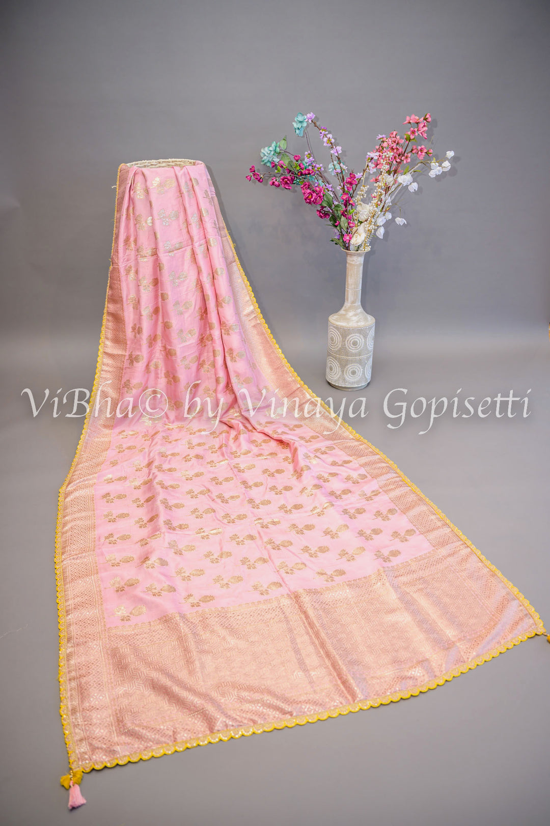 Pastel Pink And Yellow Banarasi Silk Embroidered Saree and Blouse