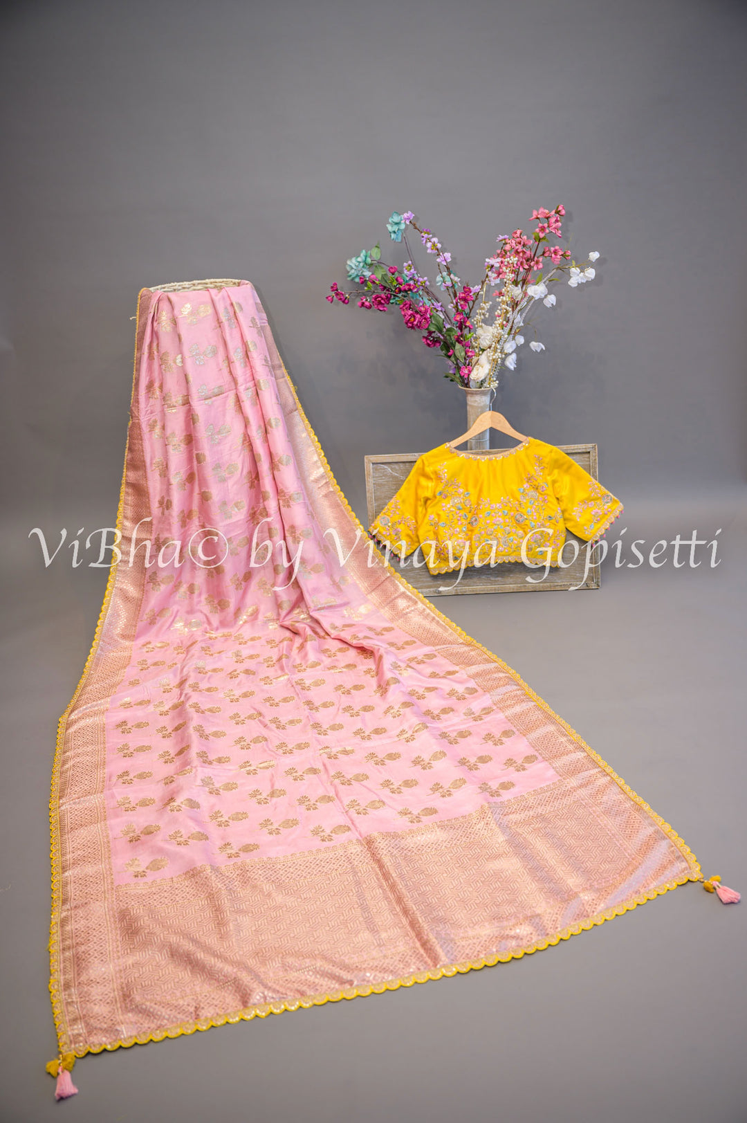 Pastel Pink And Yellow Banarasi Silk Embroidered Saree and Blouse