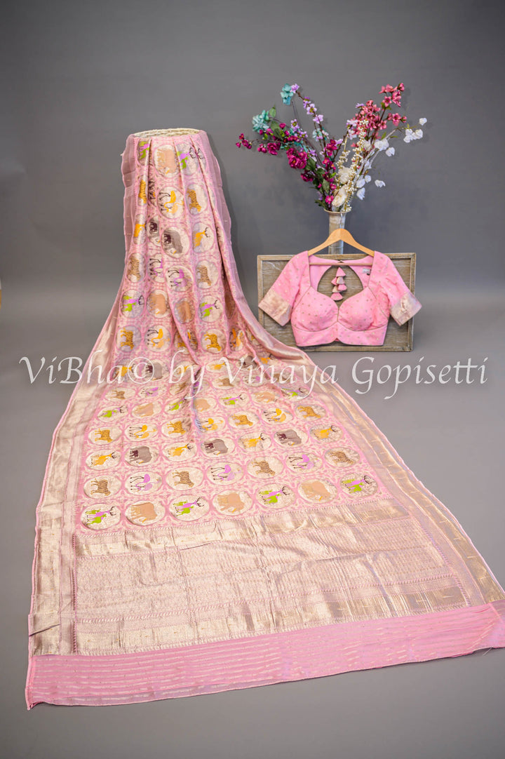 Pastel Pink Banarasi Silk Saree with Silver Zari