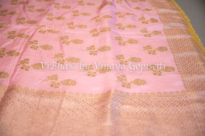 Pastel Pink And Yellow Banarasi Silk Embroidered Saree and Blouse