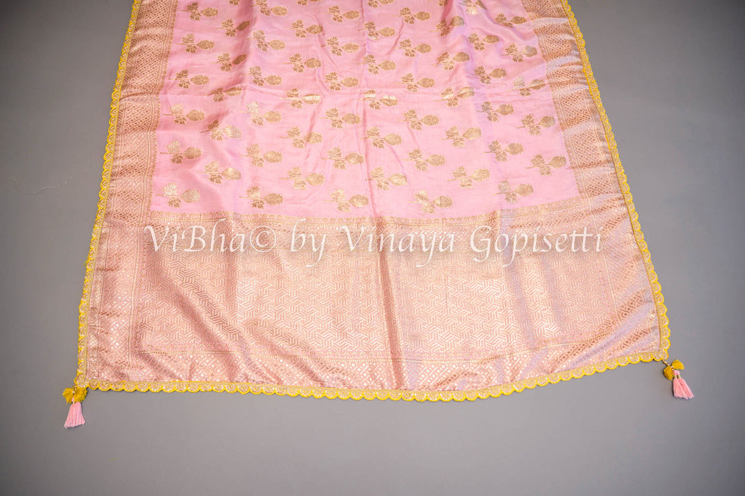 Pastel Pink And Yellow Banarasi Silk Embroidered Saree and Blouse