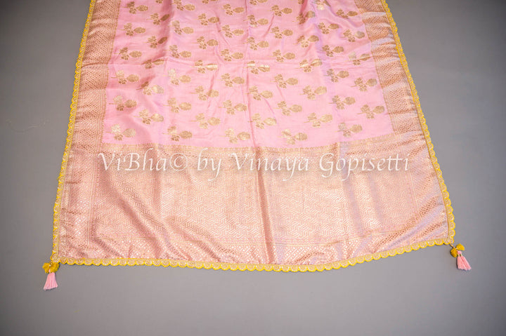 Pastel Pink And Yellow Banarasi Silk Embroidered Saree and Blouse