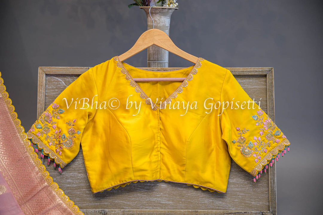 Pastel Pink And Yellow Banarasi Silk Embroidered Saree and Blouse