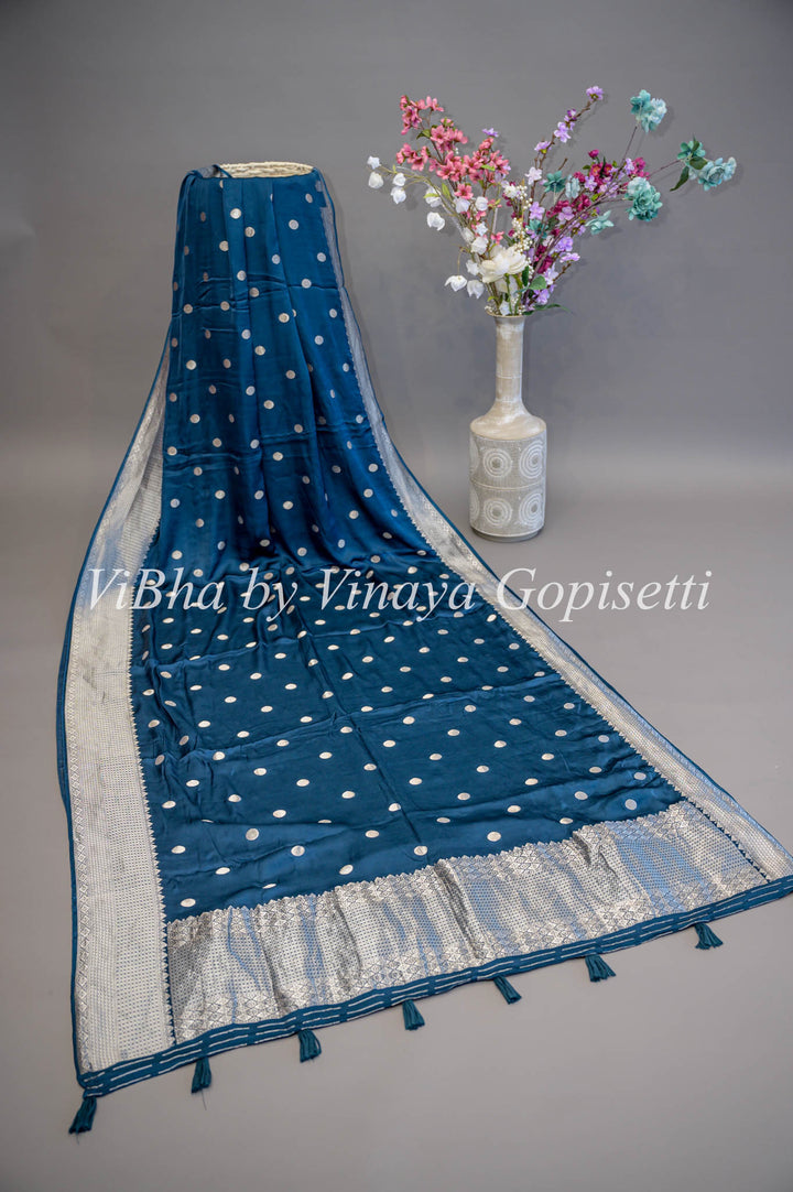 Dark Teal Banarasi Silk Saree And Blouse With Silver Zari Motifs and Borders