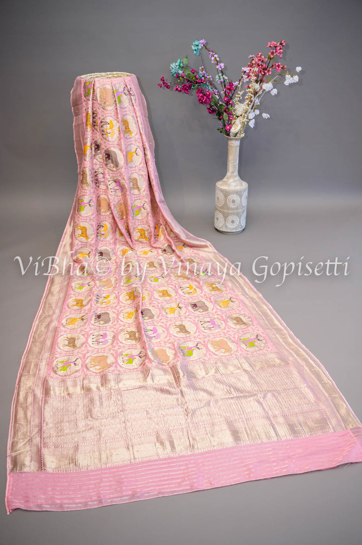 Pastel Pink Banarasi Silk Saree with Silver Zari