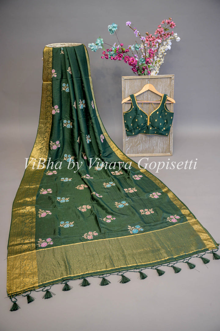 Dark Green Banarasi Silk Embroidered Saree And Blouse