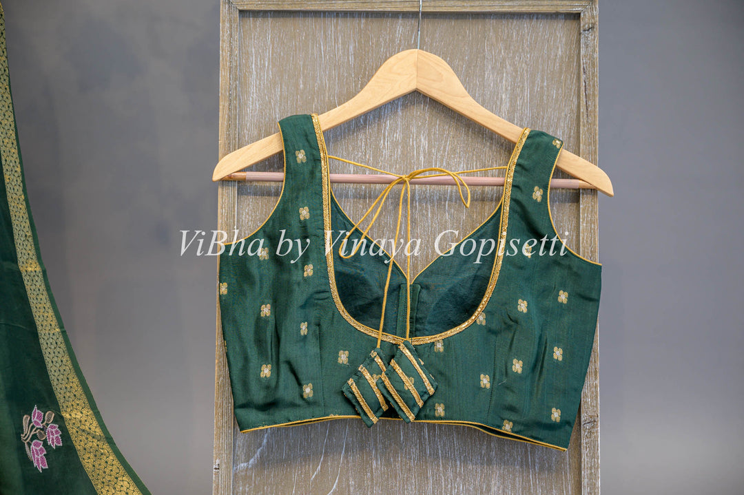 Dark Green Banarasi Silk Embroidered Saree And Blouse