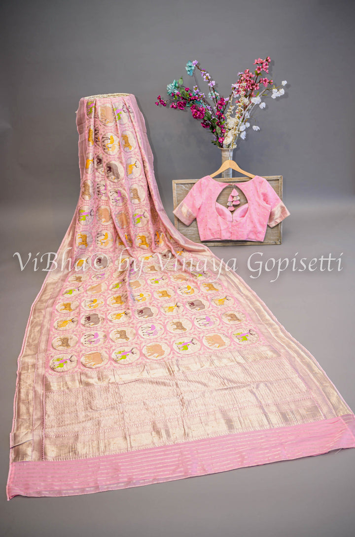 Pastel Pink Banarasi Silk Saree with Silver Zari