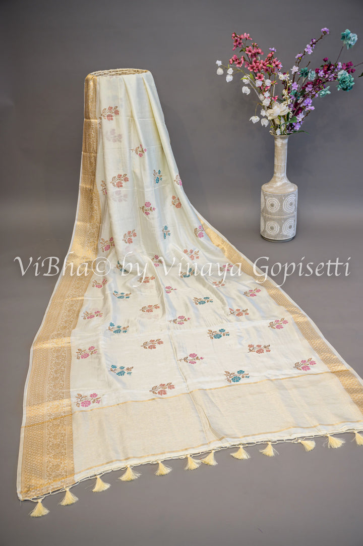 White Banarasi Silk Emnbroidered Saree And Blouse