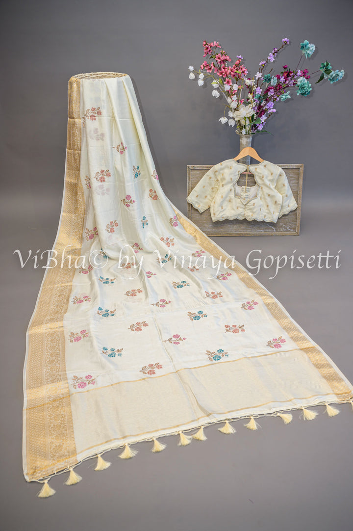 White Banarasi Silk Emnbroidered Saree And Blouse