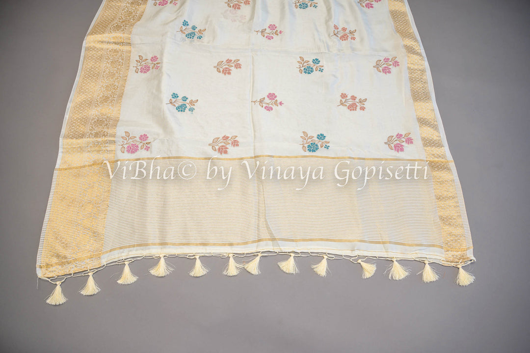 White Banarasi Silk Emnbroidered Saree And Blouse