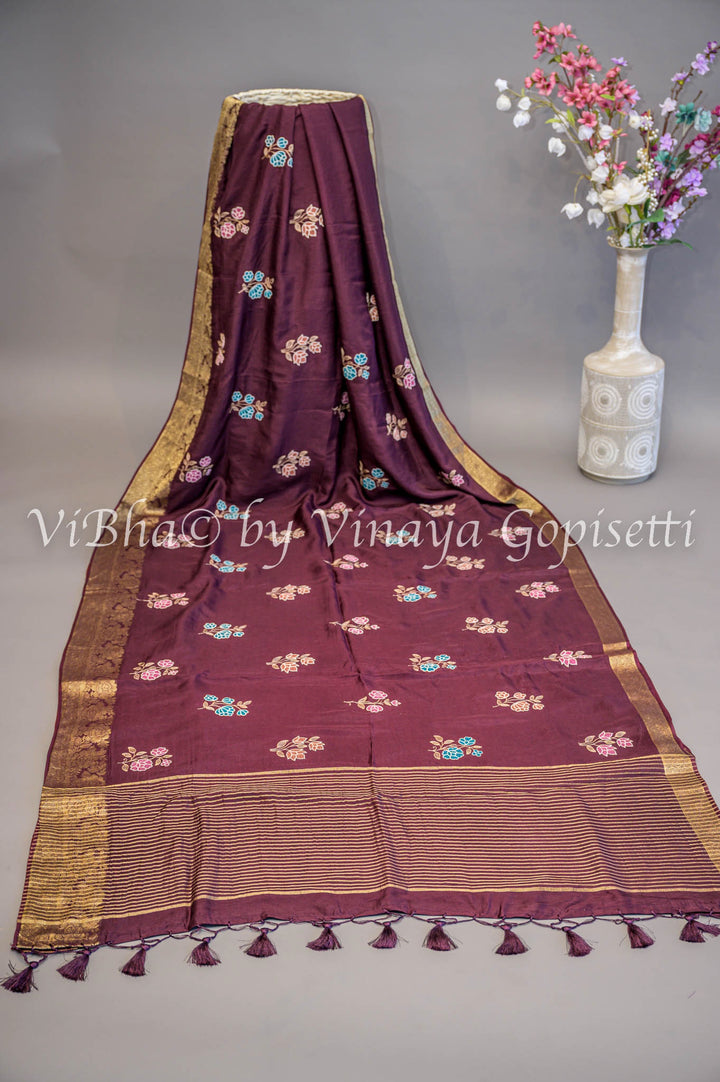 Wine Banarasi Silk Embroidered Saree and Blouse