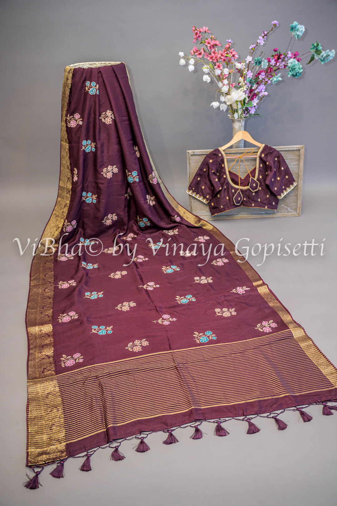 Wine Banarasi Silk Embroidered Saree and Blouse