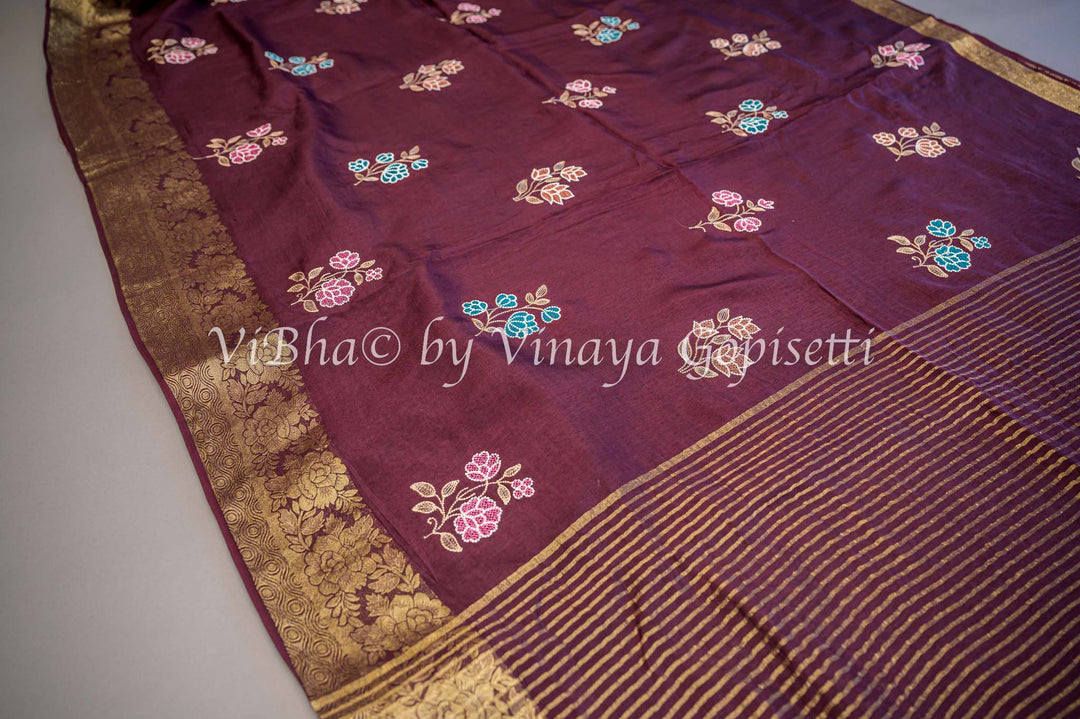 Wine Banarasi Silk Embroidered Saree and Blouse