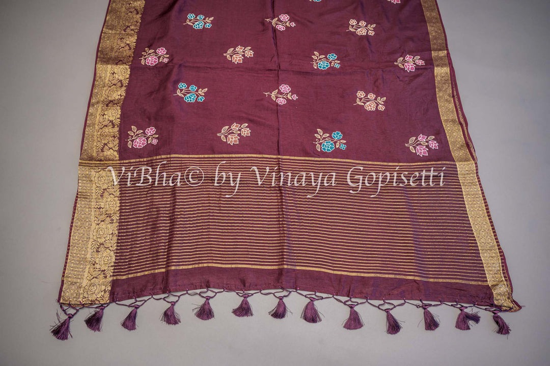 Wine Banarasi Silk Embroidered Saree and Blouse