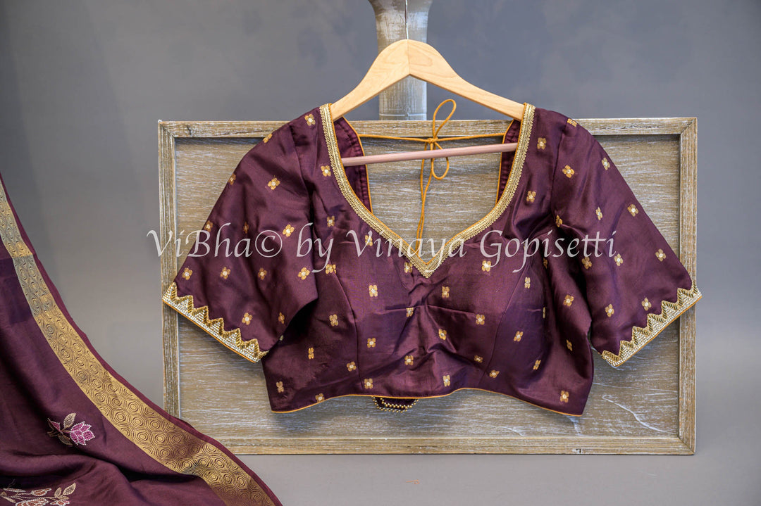 Wine Banarasi Silk Embroidered Saree and Blouse