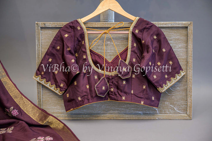 Wine Banarasi Silk Embroidered Saree and Blouse