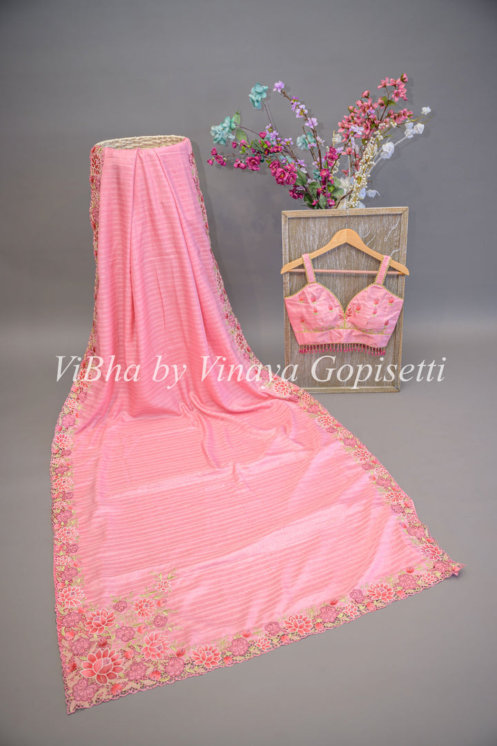 Pink Dola Silk Cut Work Embroidered Saree And Blouse