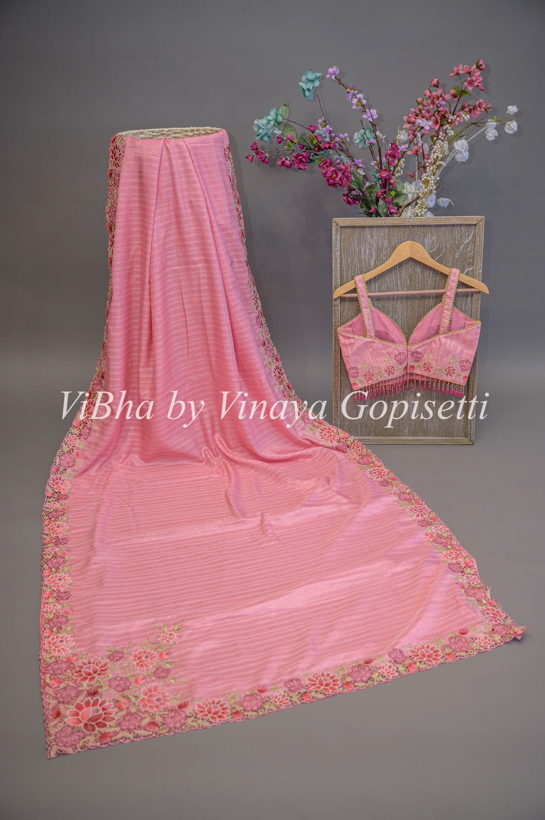 Pink Dola Silk Cut Work Embroidered Saree And Blouse