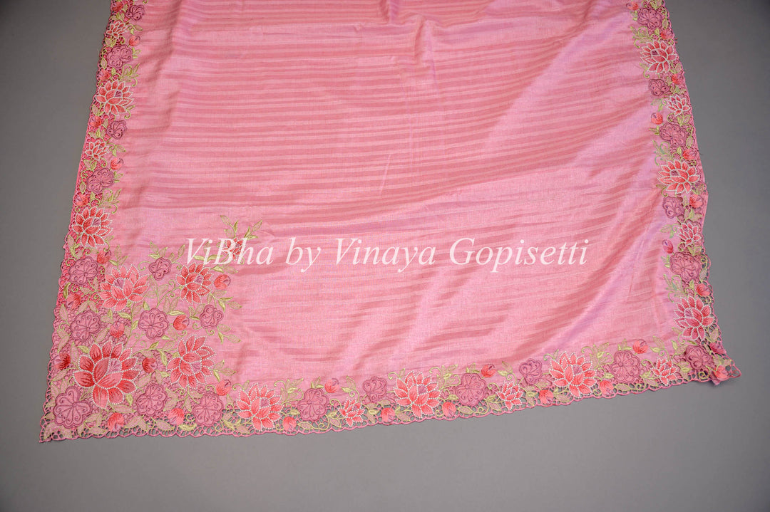 Pink Dola Silk Cut Work Embroidered Saree And Blouse