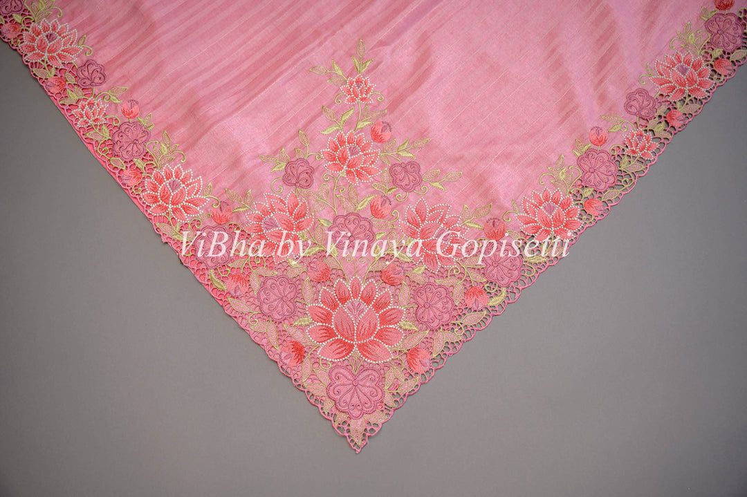 Pink Dola Silk Cut Work Embroidered Saree And Blouse